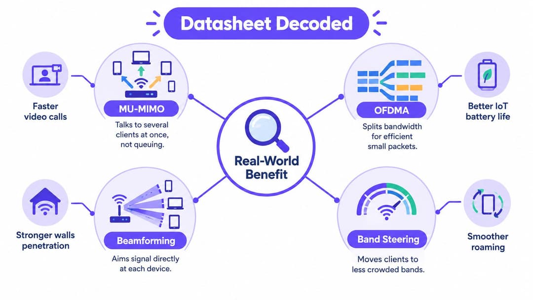 An infographic titled Datasheet Decoded explaining the real-world benefits of MU-MIMO, OFDMA, Beamforming, and Band Steering technologies.