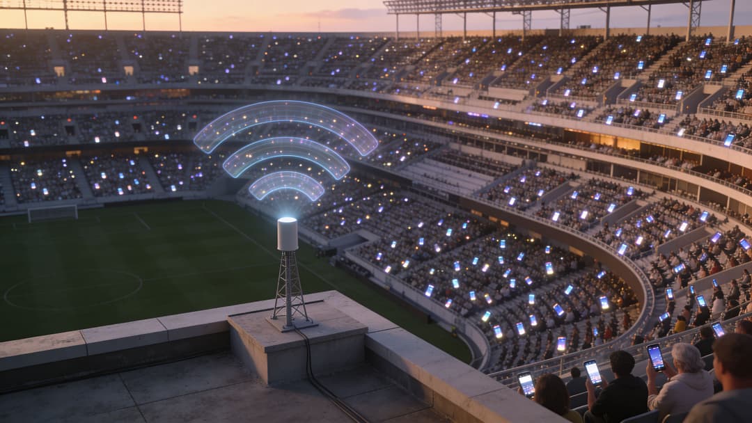 A 5G antenna tower broadcasting a digital signal over a crowded sports stadium during sunset.