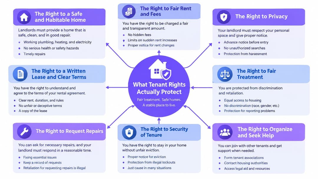 An infographic detailing essential tenant rights, including safety, privacy, fair treatment, repairs, and legal protections.