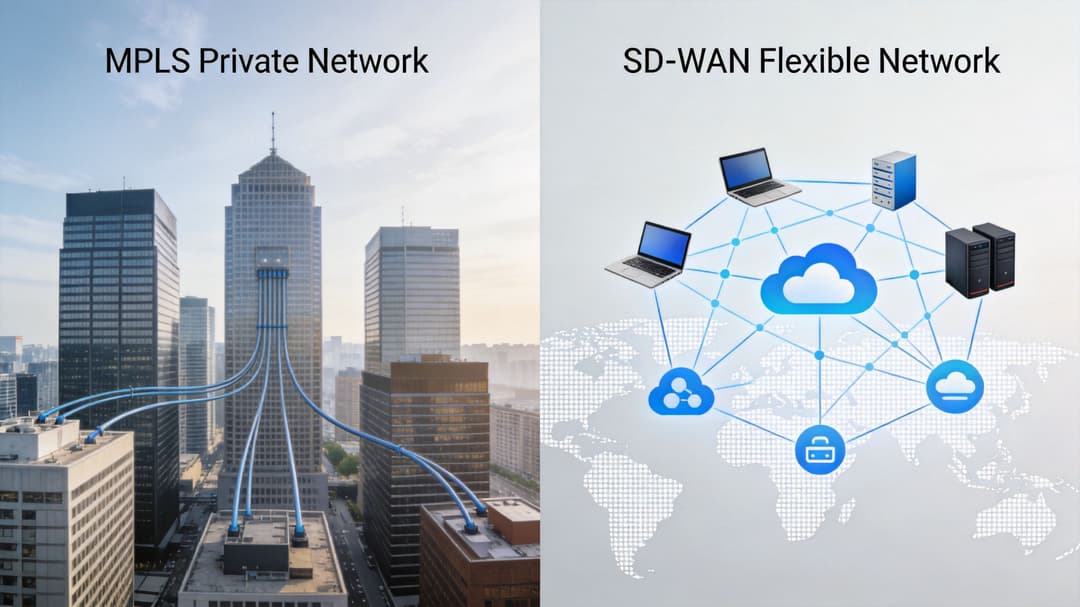 剛性 MPLS 私有網路結構與彈性 SD-WAN 雲端網路之間的比較示意圖。