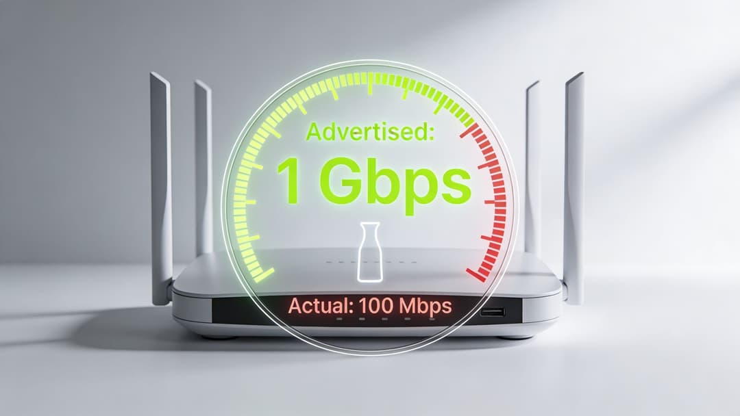 A WiFi router with a speedometer overlay highlighting the discrepancy between advertised and actual internet speeds.