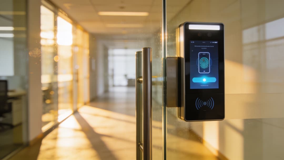 Um digitalizador de controlo de acessos biométrico digital elegante, montado numa porta de vidro de um escritório num corredor iluminado pelo sol.