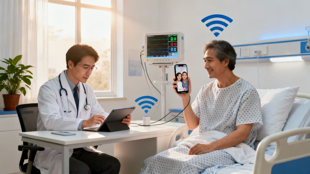 A doctor uses a tablet while a patient in a hospital bed holds a phone showing family.