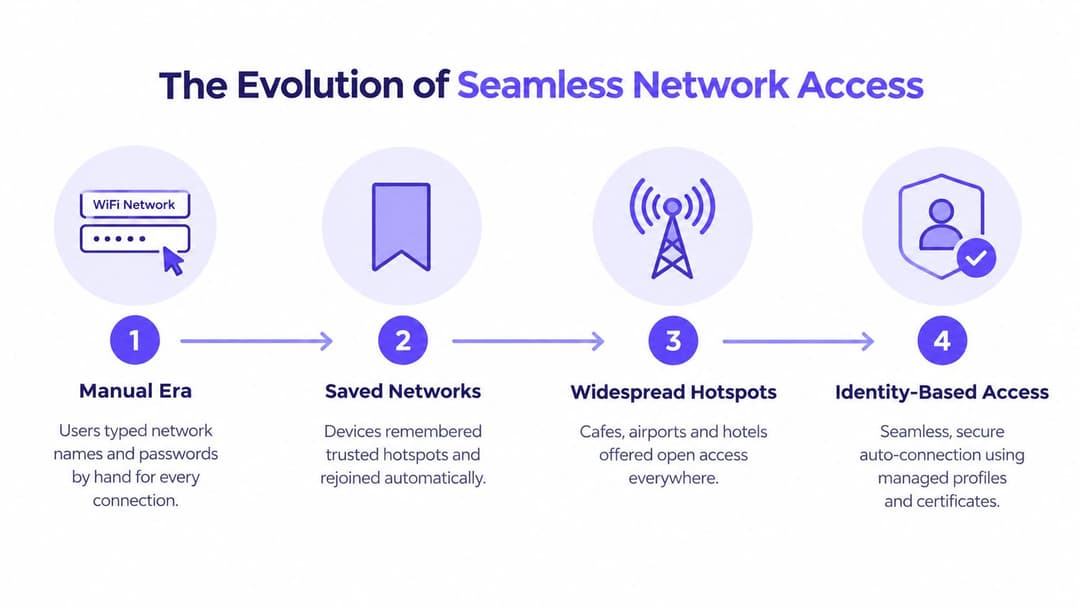 A four-step infographic illustrating the historical evolution of seamless WiFi network access from manual entry to identity-based authentication.