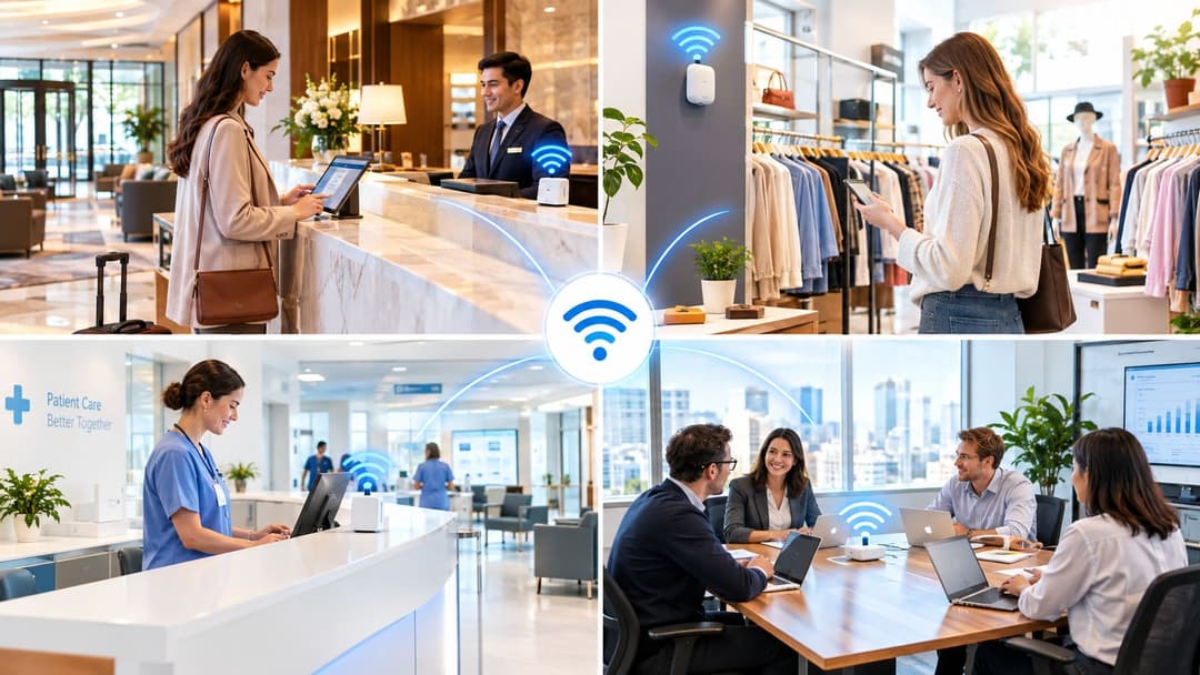 一張展示智慧 WiFi 裝置在四個不同環境中應用的拼貼圖:飯店、零售商店、醫院和商業辦公室。