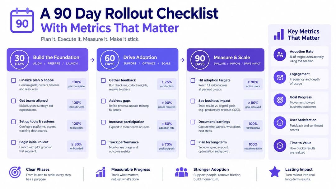 A 90-day rollout checklist infographic showing a phased plan for project execution with measurable key metrics.