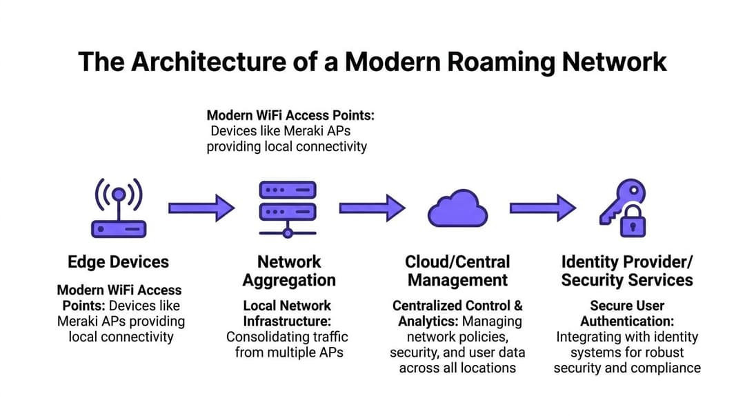 A diagram illustrating the architecture of a modern roaming network including edge devices, cloud management, and security.