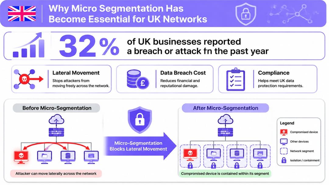 An infographic showing how micro-segmentation secures networks by preventing lateral movement of cyber attackers.