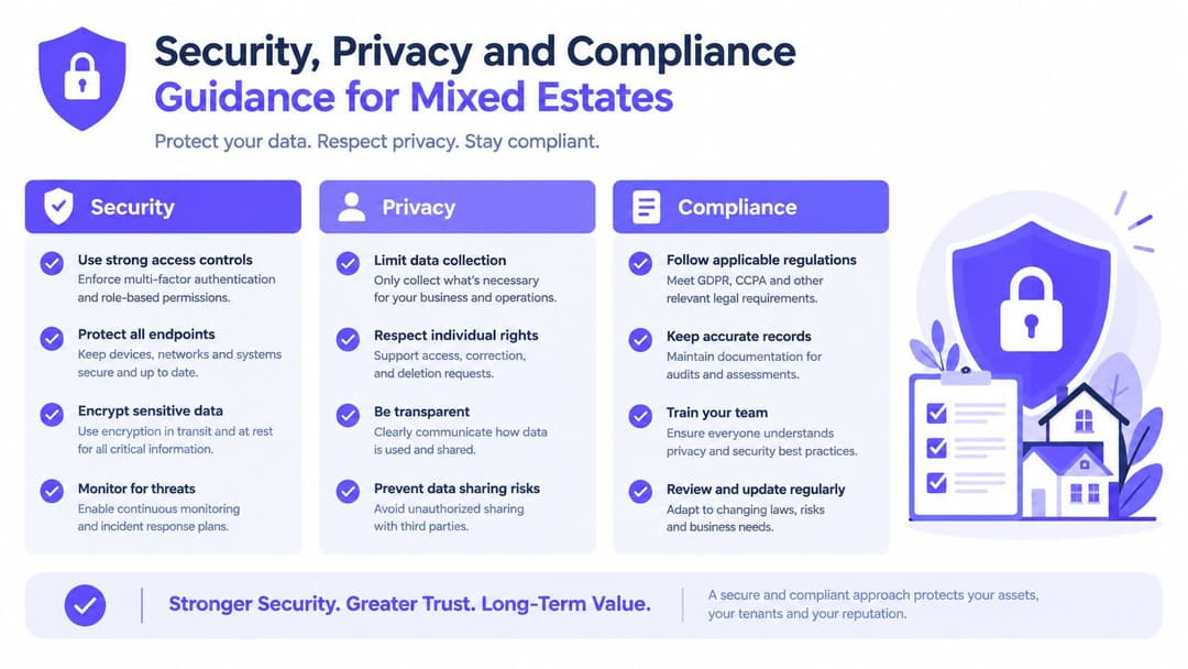 Un'infografica intitolata Security, Privacy and Compliance Guidance for Mixed Estates con suggerimenti per la protezione dei dati digitali.