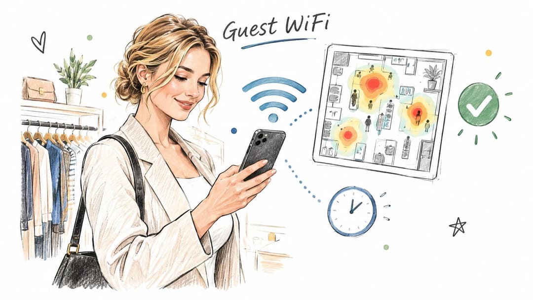 Uma mulher usando seu smartphone em uma loja de varejo com uma tela de mapa de calor mostrando a análise de visitantes.