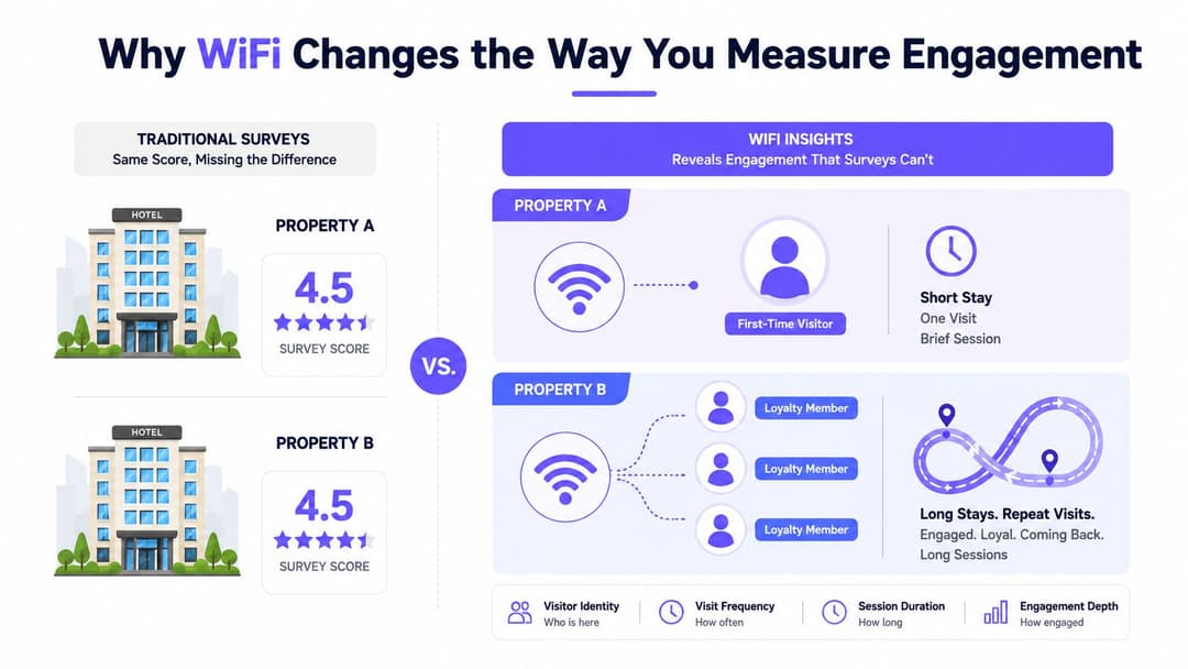 Eine Vergleichsgrafik, die zeigt, wie WiFi Analysen im Vergleich zu traditionellen Umfragen tiefere Einblicke in das Besucherverhalten für Hotels liefern.
