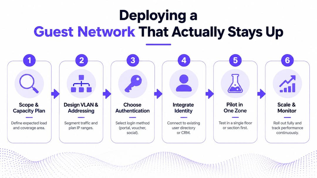 A six-step infographic showing the process for deploying a reliable and scalable corporate guest network.