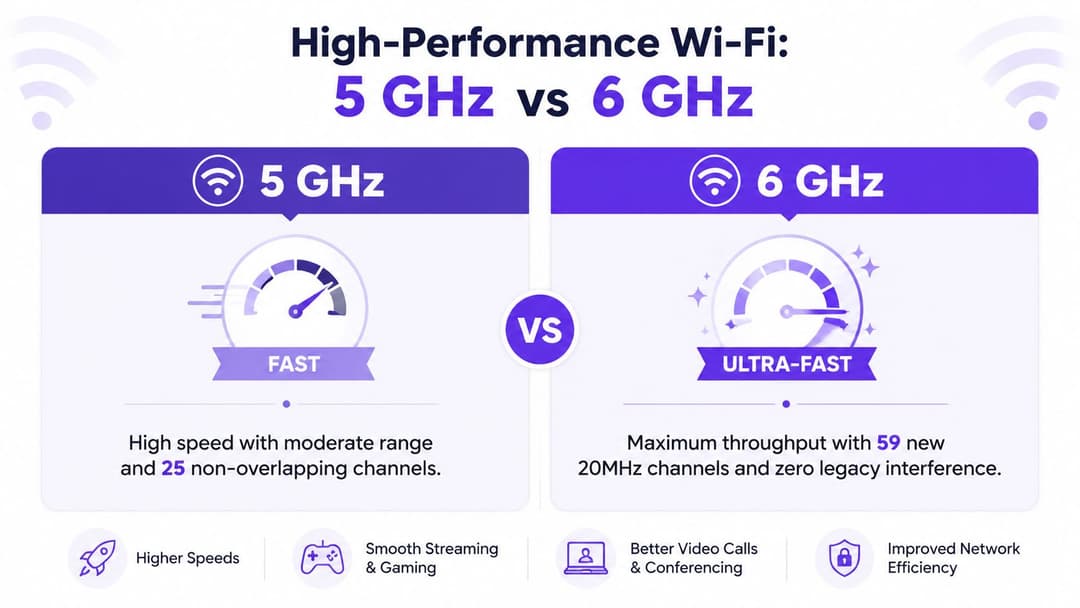 Un'infografica comparativa che evidenzia le differenze di prestazioni tra le frequenze di rete WiFi a 5 GHz e 6 GHz.