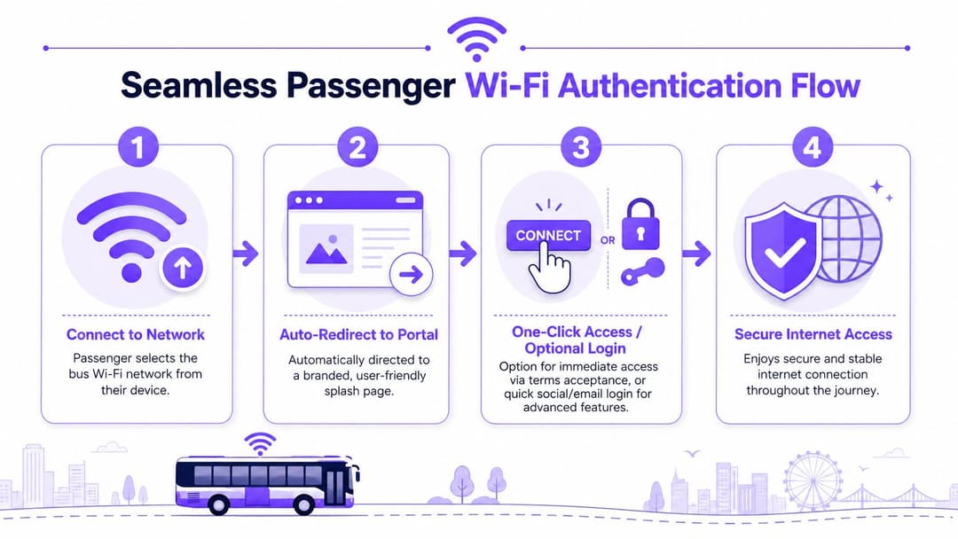 Um infográfico de quatro passos que ilustra o processo fluido de autenticação de WiFi de passageiros num autocarro público.