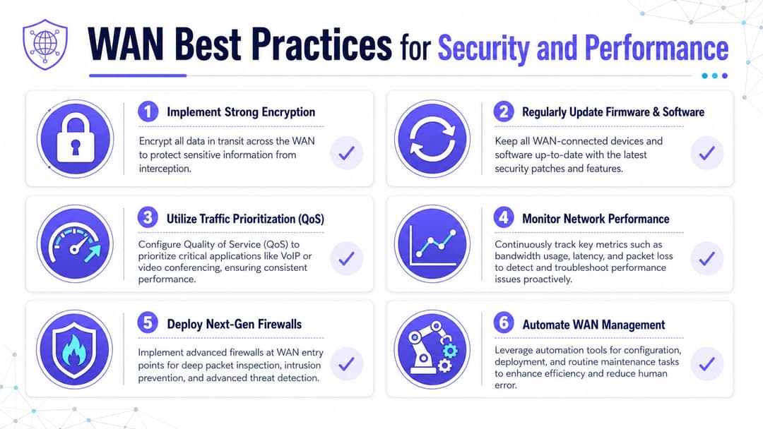 An infographic detailing six essential WAN best practices for improving network security and performance efficiency.