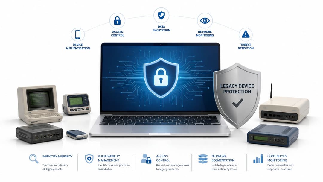 Ein Laptop, der mit einem Schild-Symbol gesichert ist, umgeben von verschiedenen Vintage-Technologie- und Cybersicherheits-Symbolen und -Beschriftungen.