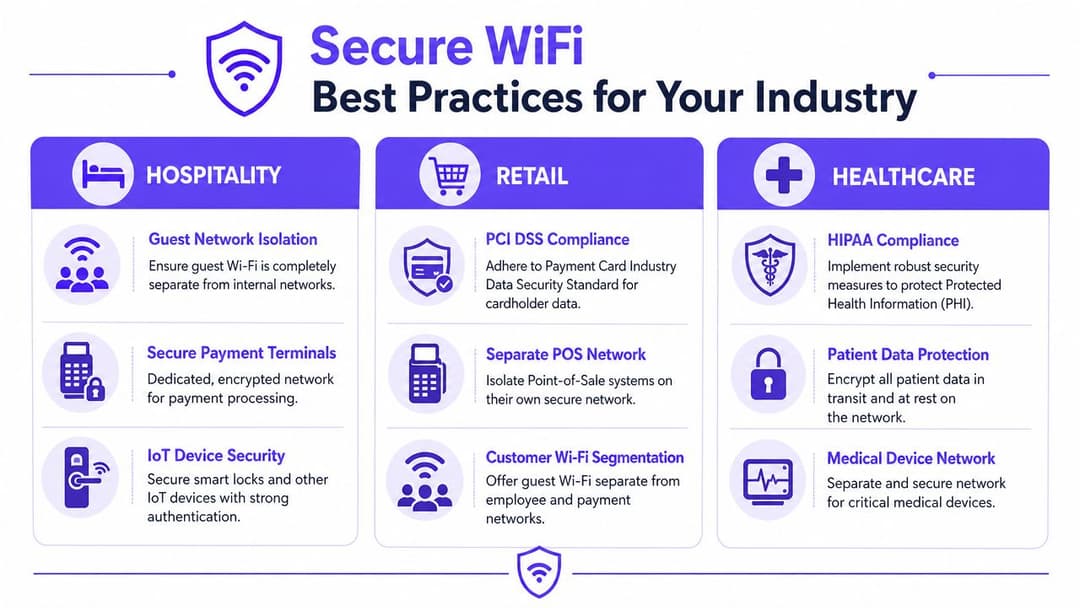 An infographic detailing WiFi security best practices for hospitality, retail, and healthcare industry businesses.