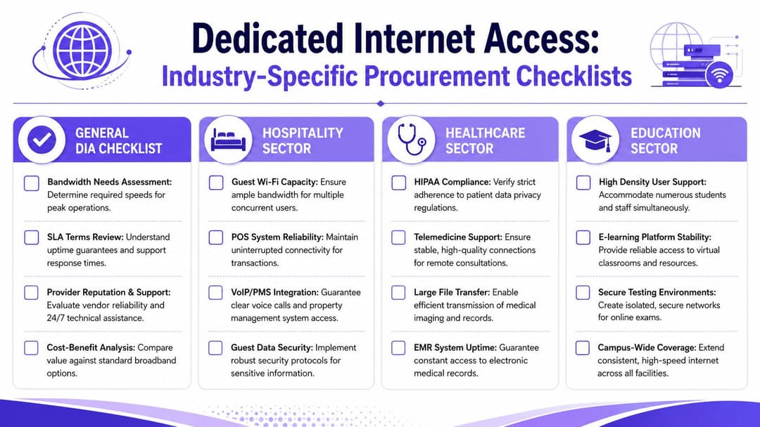 Un'infografica che dettaglia le checklist di approvvigionamento specifiche per settore per l'accesso internet dedicato nei settori generale, dell'ospitalità, della sanità e dell'istruzione.