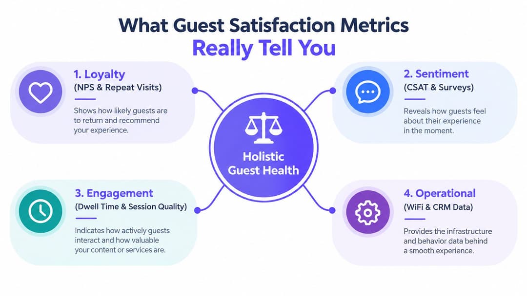 A diagram illustrating the four key components of holistic guest satisfaction metrics including loyalty, sentiment, engagement, and operational.