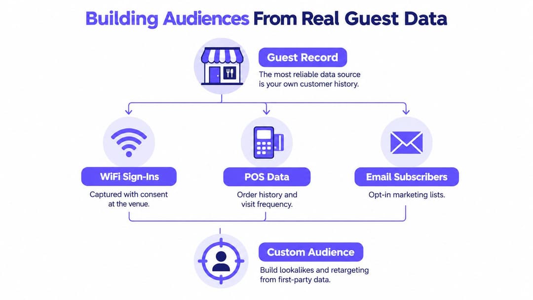 A diagram illustrating how real guest data sources like WiFi, POS, and email form custom marketing audiences.