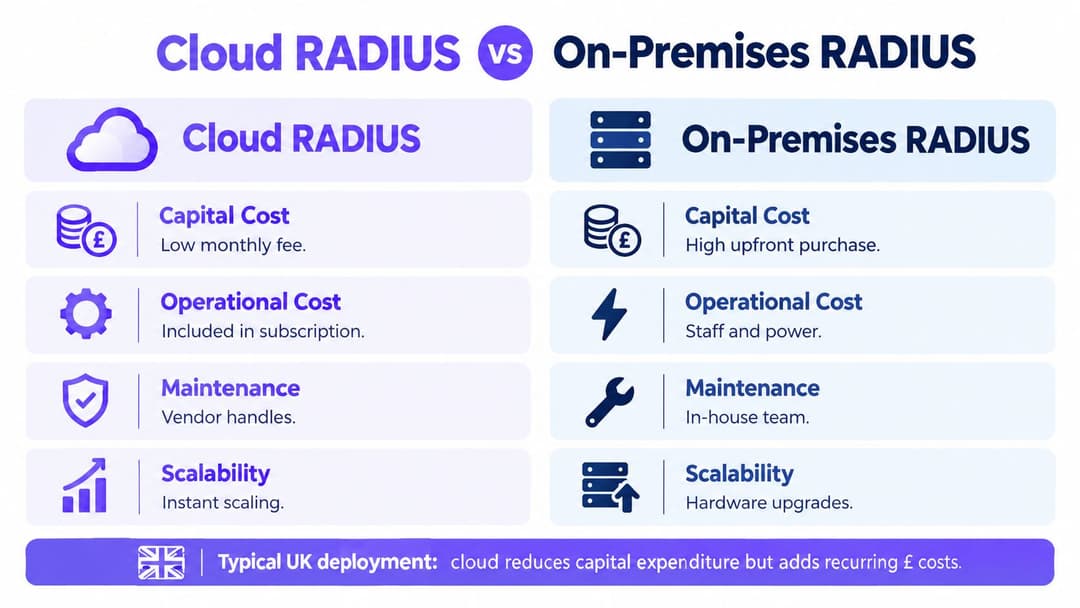 Un tableau comparatif montrant les différences de coûts, de maintenance et d'évolutivité entre les solutions Cloud RADIUS et RADIUS sur site.