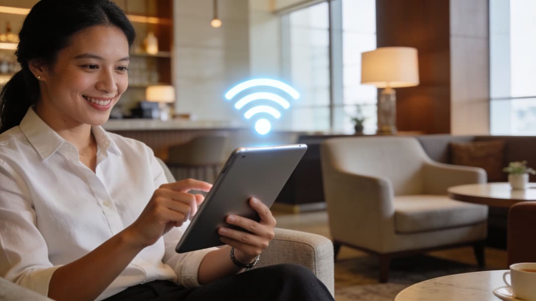 A smiling woman using a tablet with a glowing Wi-Fi symbol overlay in a modern hotel lobby.