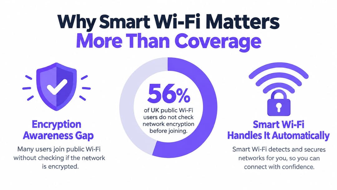 一張圖表,強調了智慧 WiFi 功能相較於覆蓋範圍對於安全公共網路連線的重要性。