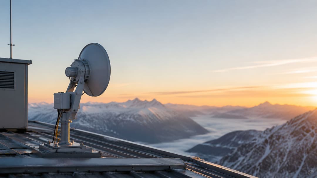 A professional wifi directional antenna mounted on a high mountain peak at sunset, overlooking snowy ranges.