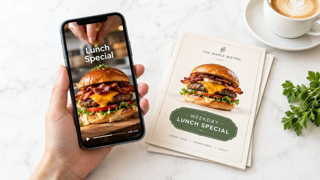 A hand holding a smartphone displaying a restaurant lunch special ad next to a printed menu.