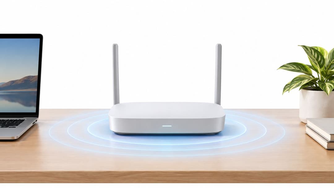 Un elegante router inalámbrico blanco que emite una señal azul sobre un escritorio de madera junto a un portátil
