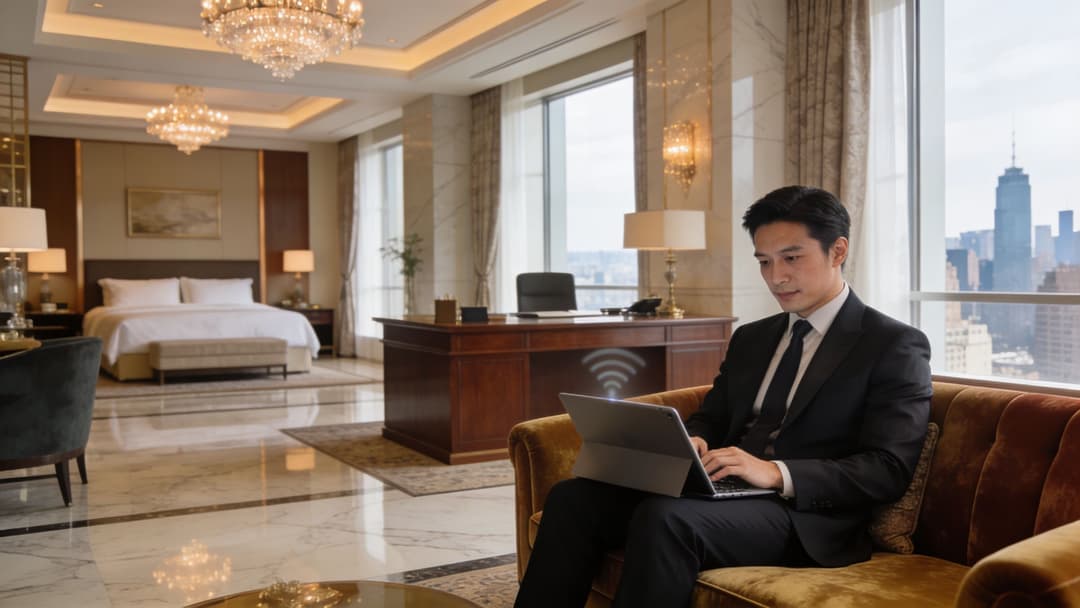 A professional man in a suit working on a tablet inside a luxurious hotel suite.