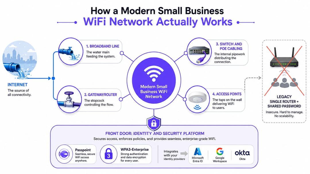 A diagram illustrating how modern small business WiFi networks work, comparing them to a water distribution system.