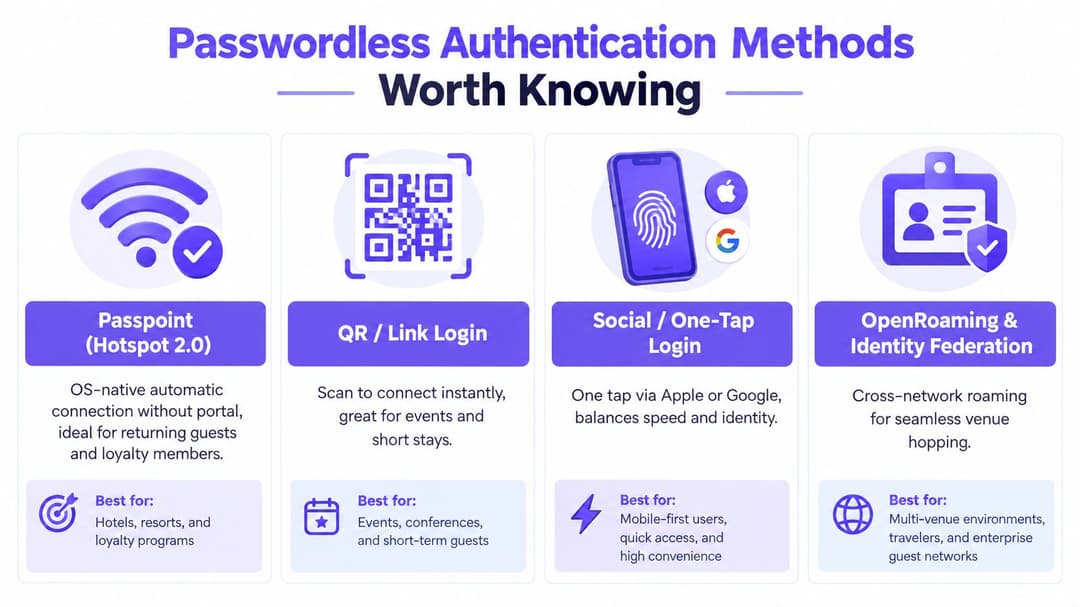 An infographic illustrating four passwordless authentication methods for WiFi access in public or enterprise environments.
