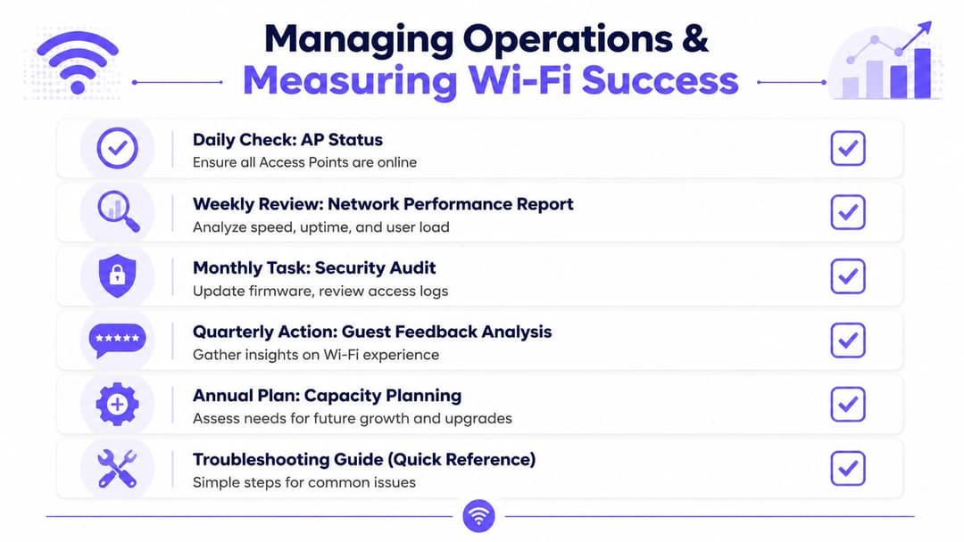 Eine Checklisten-Infografik mit dem Titel Betrieb verwalten & Wi-Fi-Erfolg messen, die tägliche, wöchentliche, monatliche und jährliche Wartungsaufgaben zeigt.