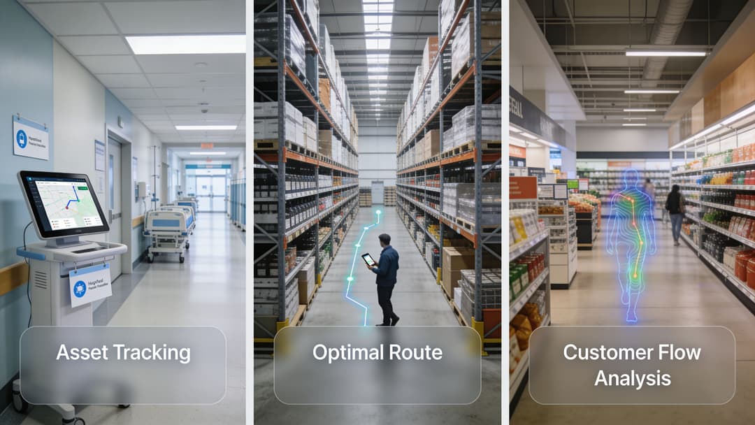 A split image showing three examples of indoor positioning systems used for hospital asset tracking, warehouse routing, and retail customer analysis.