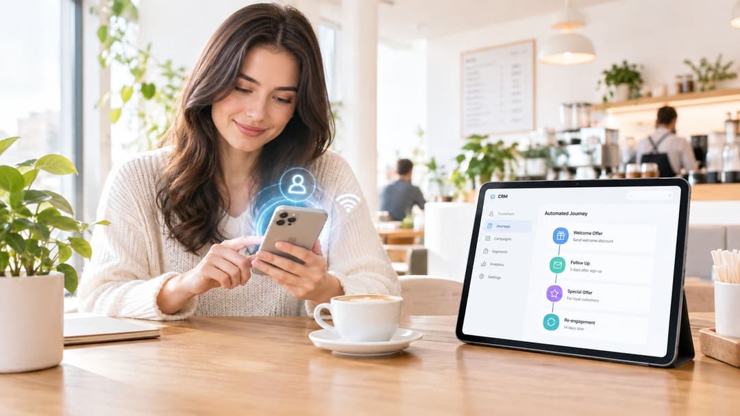 Une femme utilisant un smartphone dans un café avec une tablette affichant une interface CRM de marketing automation.