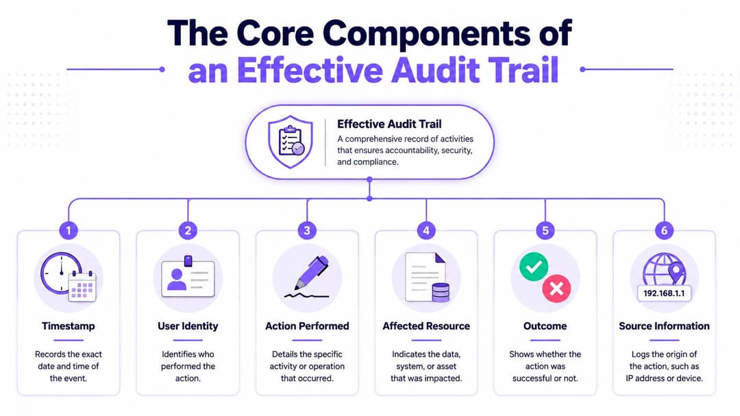 Un'infografica che descrive dettagliatamente i sei componenti essenziali di un log di audit efficace per la sicurezza e la conformità.