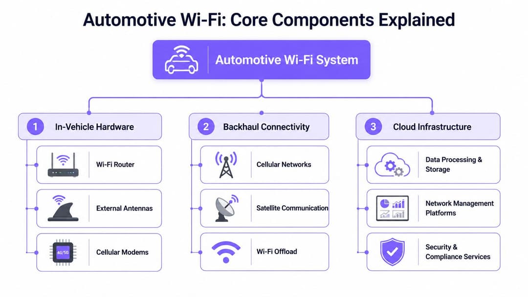 Un diagramma che illustra i componenti principali di un sistema WiFi per autoveicoli, inclusi hardware, connettività di backhaul e infrastruttura cloud.