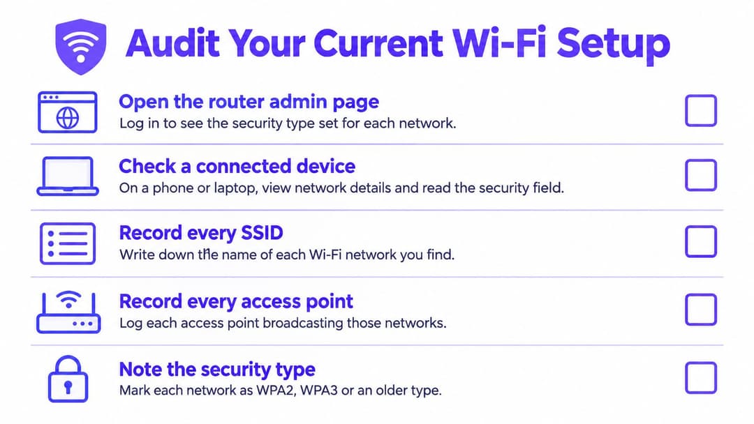 Gráfico de lista de comprobación titulado Audite su configuración actual de WiFi con instrucciones para revisar las configuraciones de seguridad de la red.