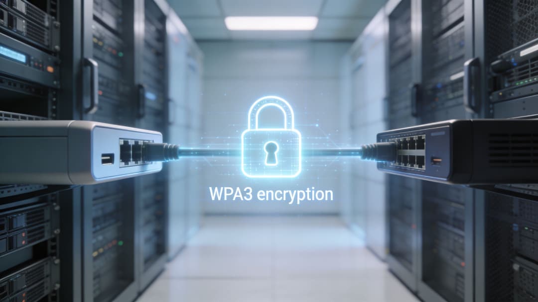 A digital representation of WPA3 encryption, featuring a glowing padlock icon between two network switches in a server room.