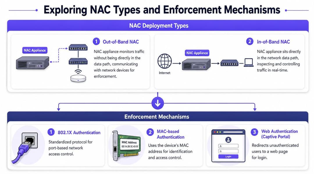 Un diagrama que ilustra los tipos de implementación de NAC y varios mecanismos de aplicación de control de acceso a la red como 802.1X y portales.