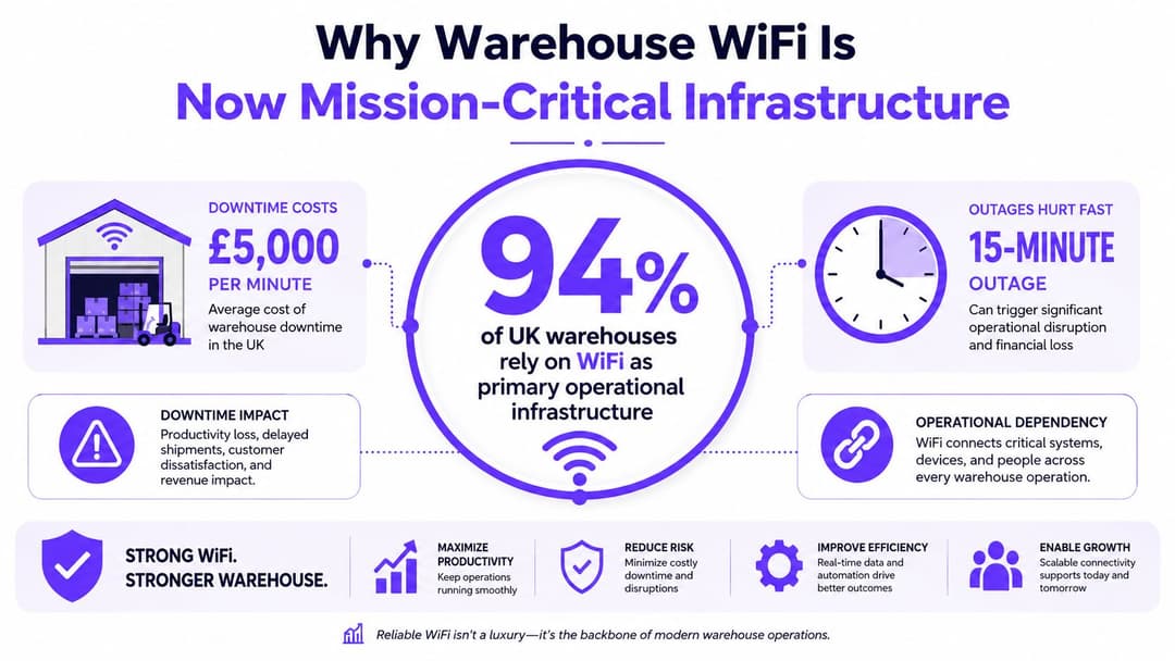 一张信息图,显示 94% 的英国仓库依赖 WiFi 进行其关键任务的基础设施运营。