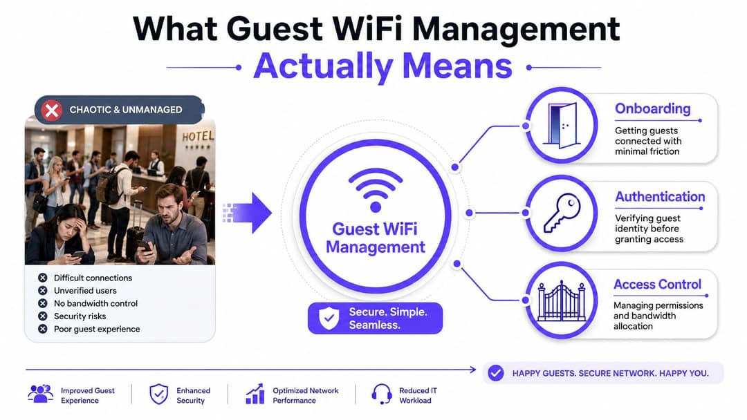 An infographic illustrating the benefits of professional guest WiFi management versus chaotic and unmanaged network systems.