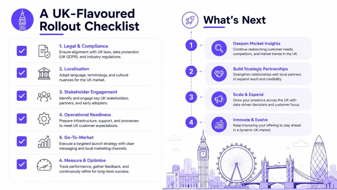 A checklist infographic outlining steps for a US-flavored business rollout and future growth strategies.