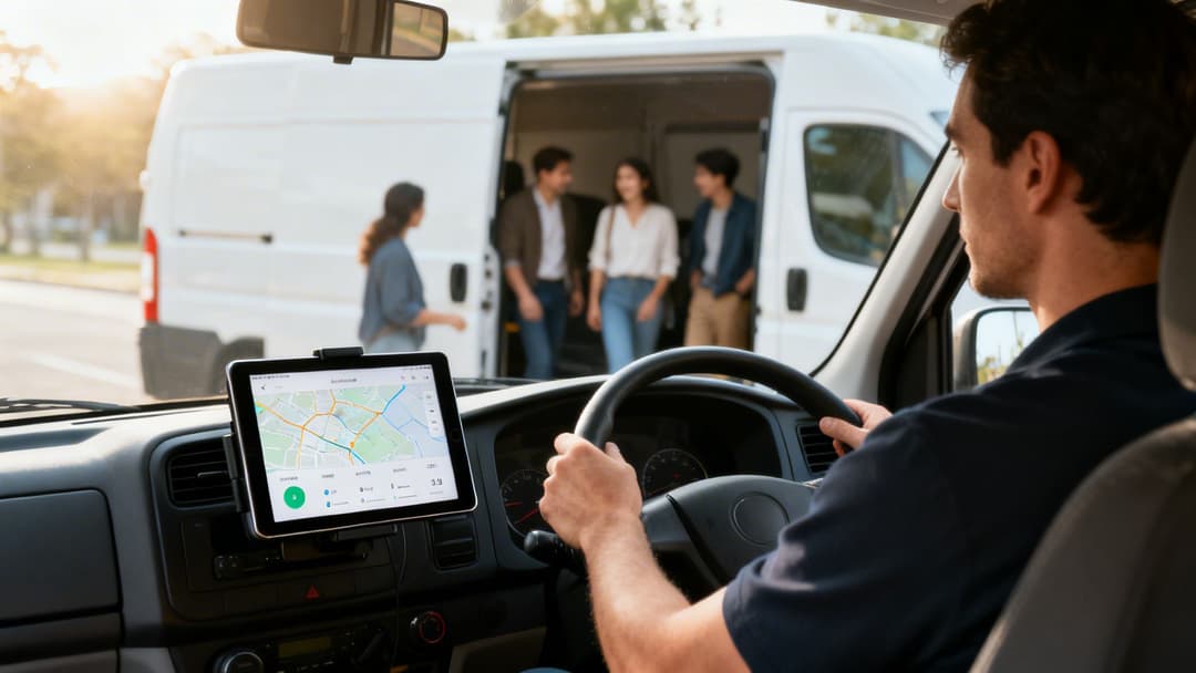 Un conducente in un furgone utilizza un tablet con un'app di navigazione, mentre le persone escono dal veicolo sullo sfondo.