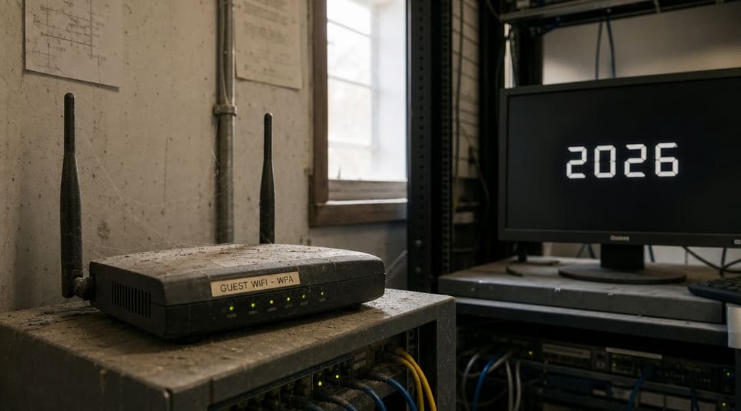 Un vieux routeur WiFi poussiéreux posé sur du matériel serveur dans une pièce avec un écran affichant 2026.