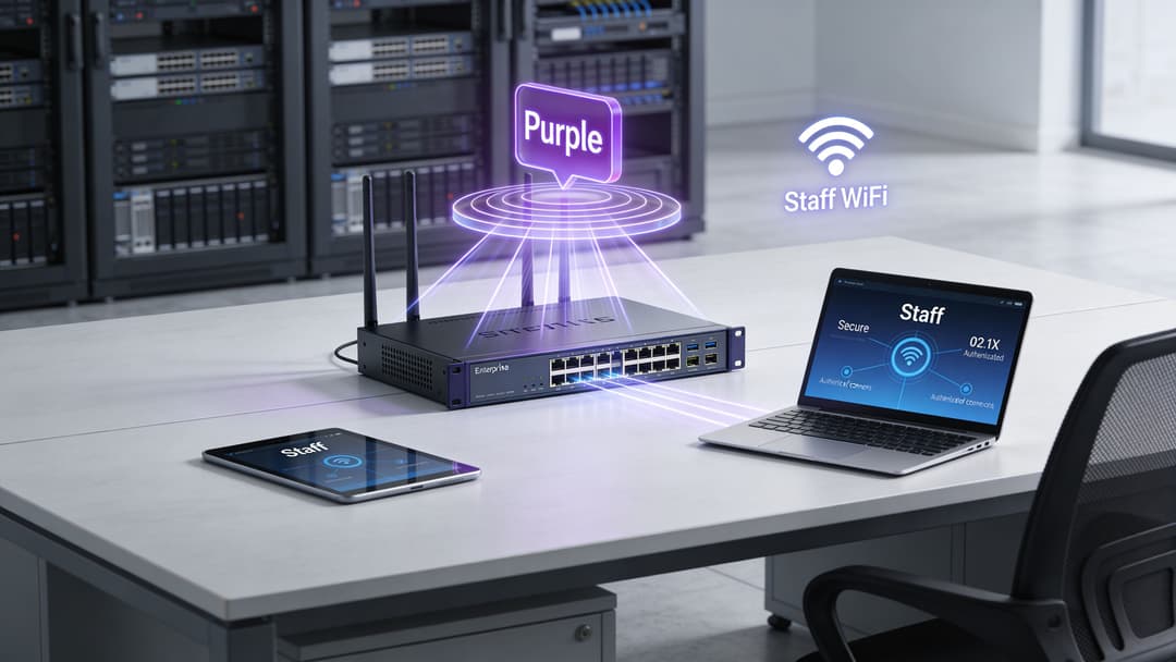 A professional network switch connected to a laptop on an office desk with wireless connectivity visualization.