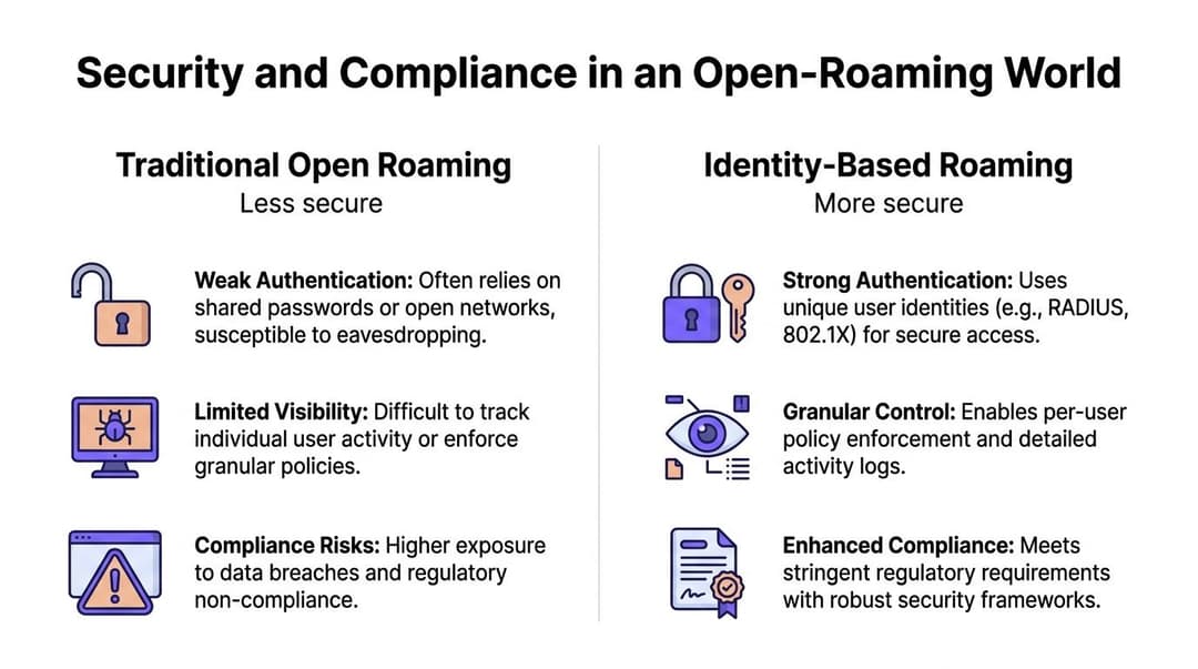 Eine Vergleichstabelle, die die Sicherheitsunterschiede zwischen herkömmlichem Open-Roaming und sicherem, identitätsbasiertem Roaming für den Netzwerkzugriff zeigt.