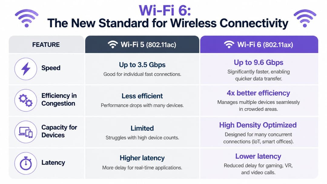 A comparison chart showing the key performance improvements of WiFi 6 over WiFi 5 wireless technology standards.