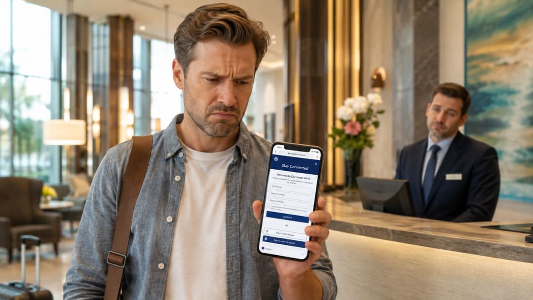 A man in a hotel lobby looking frustrated while holding his smartphone to connect to hotel WiFi.